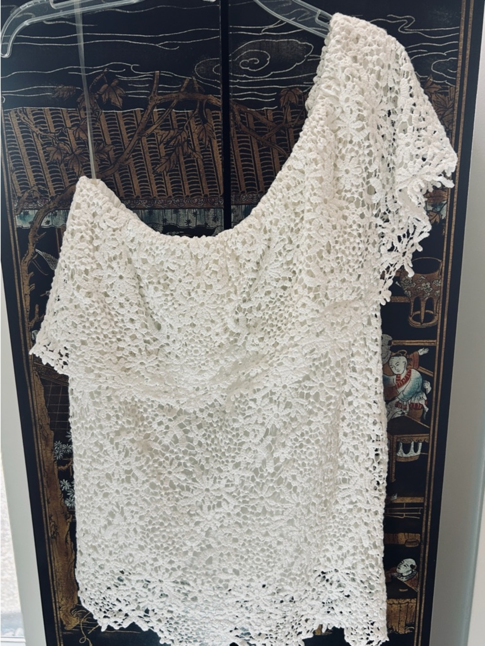 Velvet White Crocheted Lace One-Shoulder Top